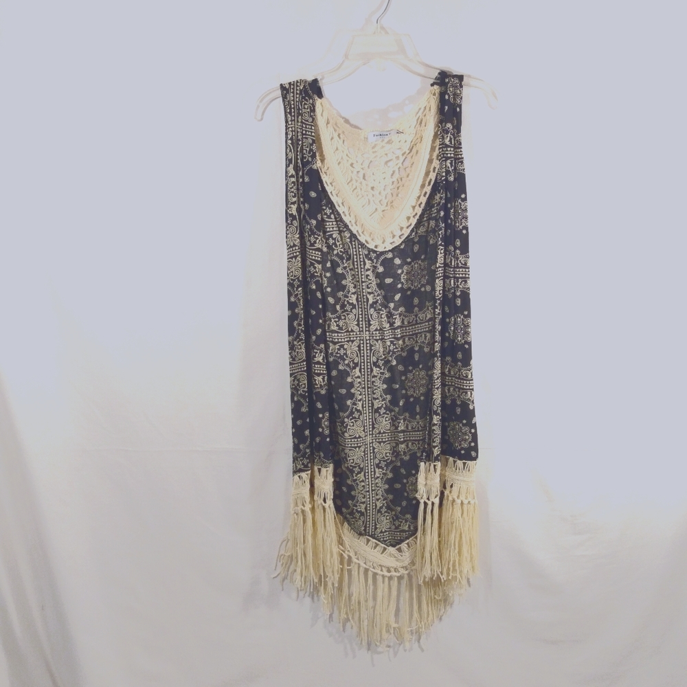 FASHION U Boho vest shawl, M, navy/white, fringed